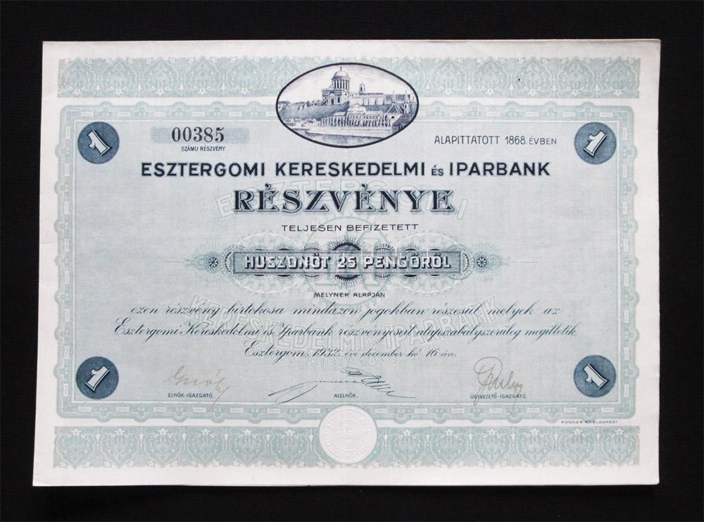 Esztergomi Kereskedelmi s Iparbank rszvny 25 peng 1932